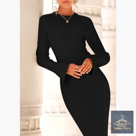 Long Sleeve Bodycon Maxi Dress Ribbed Knit Bell Sleeve Crew Neck - Picture 6 of 7